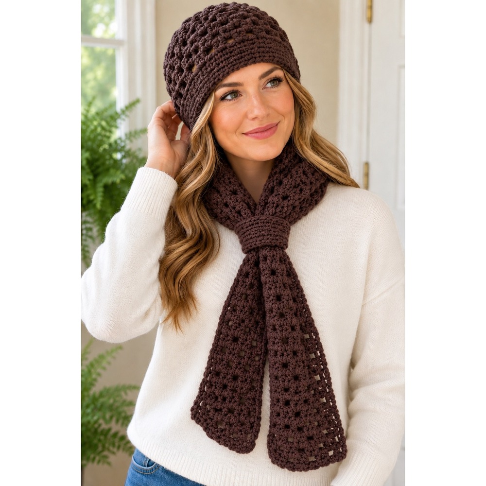 Handmade Crochet Beanie and Keyhole Scarf Set Brown Granny Stitch Winter Boho